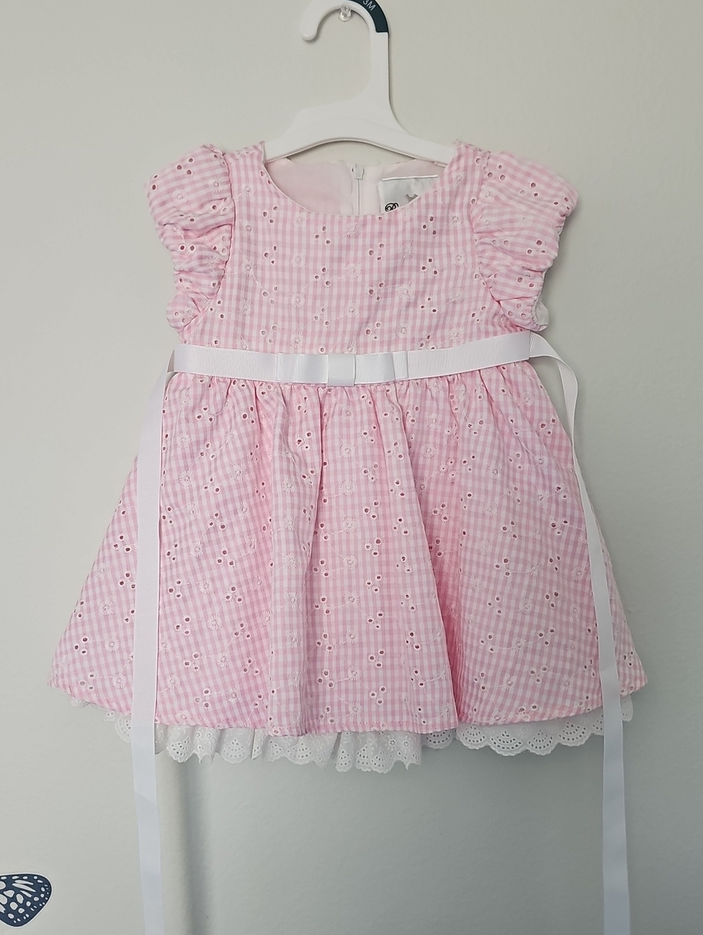 Rare Editions Pink Eyelet Gingham Dress with White Ribbon